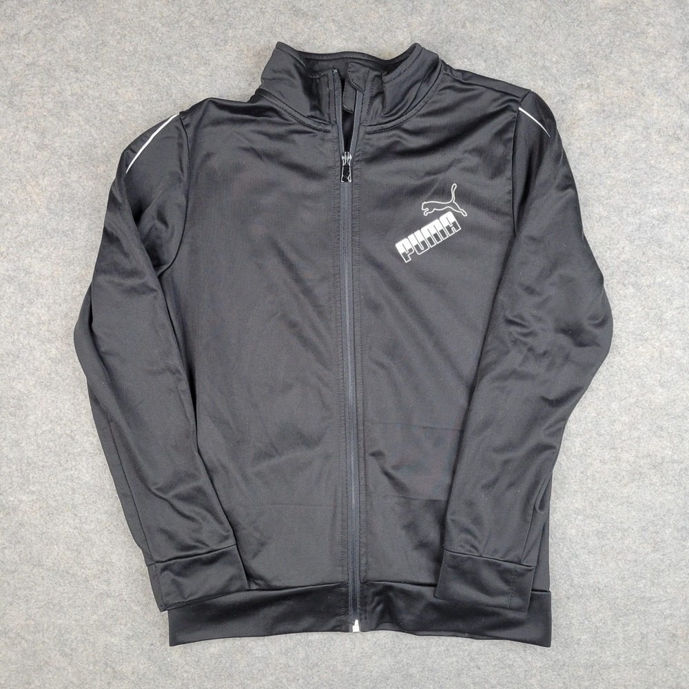 Puma Track Jacket Youth Large 14-16 Black Full Zip Logo Athletic Sport Polyester